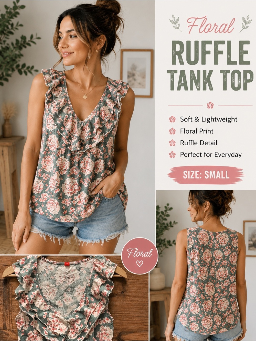 EDC Green Floral Ruffle V-Neck Tank Top SMALL